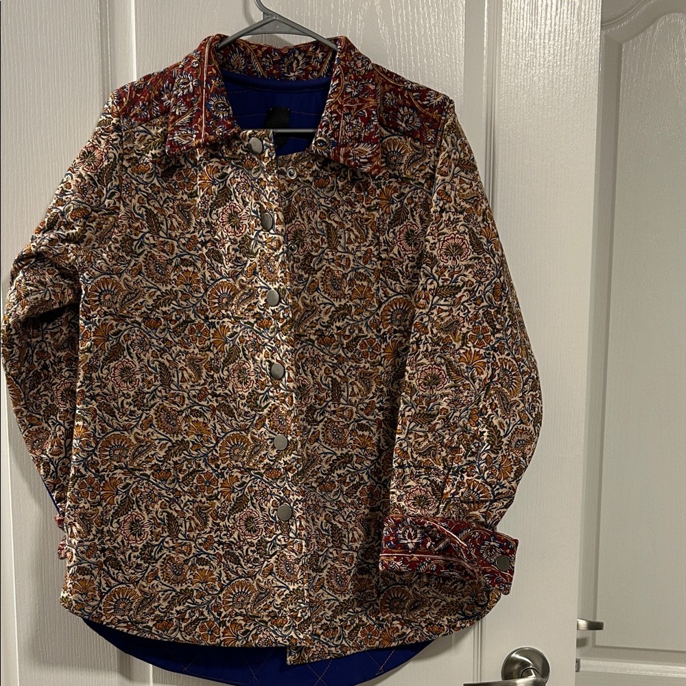 Unisex Hand-Print Floral Patterned Button-Up Warm Shirt